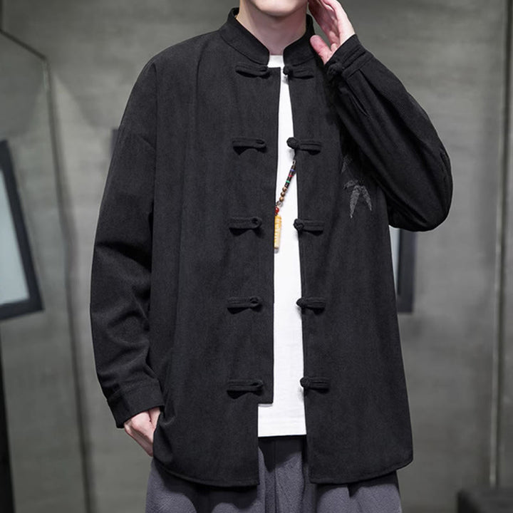 Veste en velours côtelé de coton à manches longues pour homme, brodée de motifs de Buddha Stones et de bambou, avec boutons brandebourg. - image 33