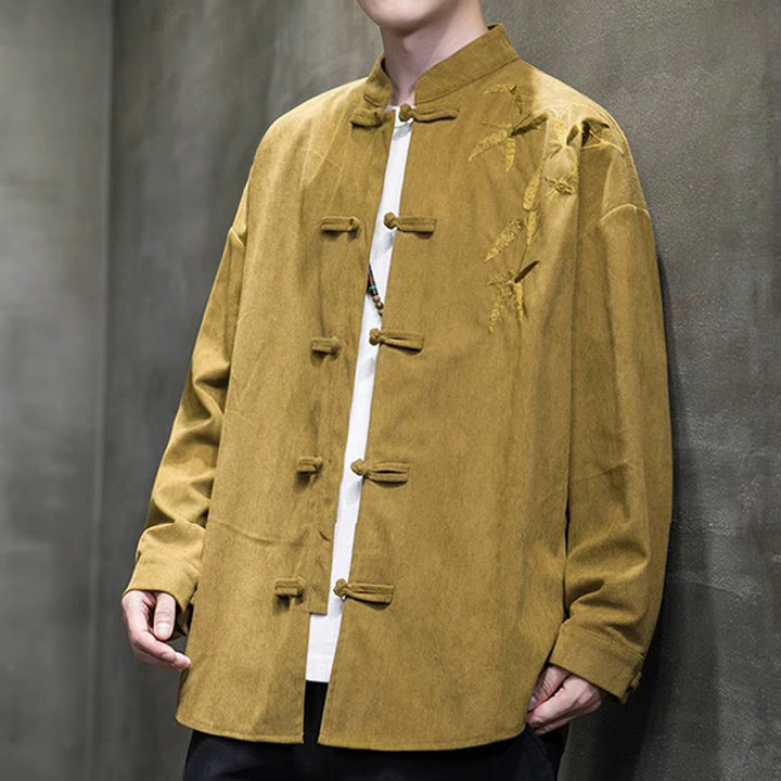 Veste en velours côtelé de coton à manches longues pour homme, brodée de motifs de Buddha Stones et de bambou, avec boutons brandebourg. - image 13