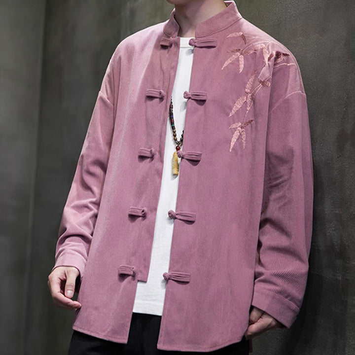 Veste en velours côtelé de coton à manches longues pour homme, brodée de motifs de Buddha Stones et de bambou, avec boutons brandebourg. - image 25
