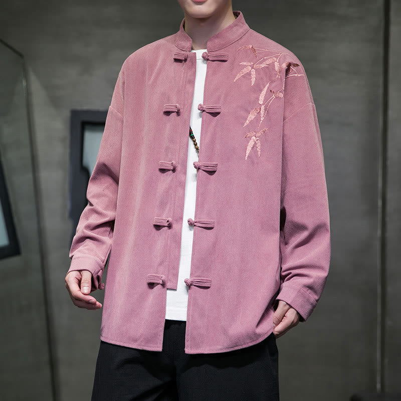 Veste en velours côtelé de coton à manches longues pour homme, brodée de motifs de Buddha Stones et de bambou, avec boutons brandebourg. - Rose vif - US/UK/AU48，EU58(5XL) - image 18