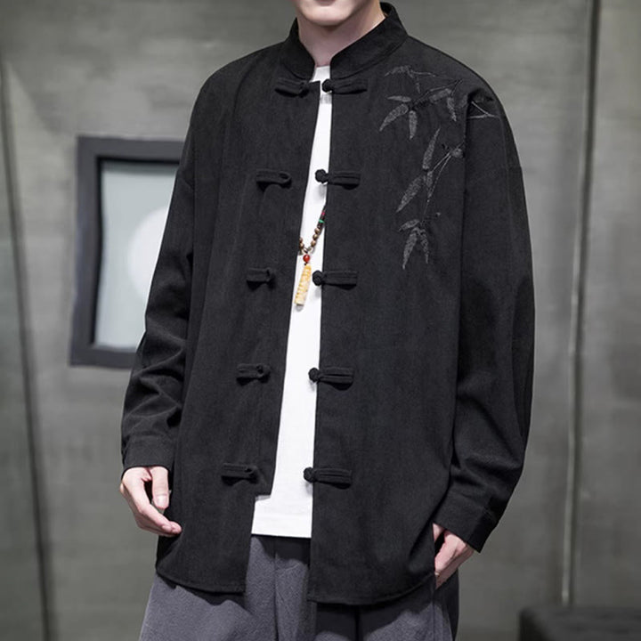 Veste en velours côtelé de coton à manches longues pour homme, brodée de motifs de Buddha Stones et de bambou, avec boutons brandebourg. - image 29