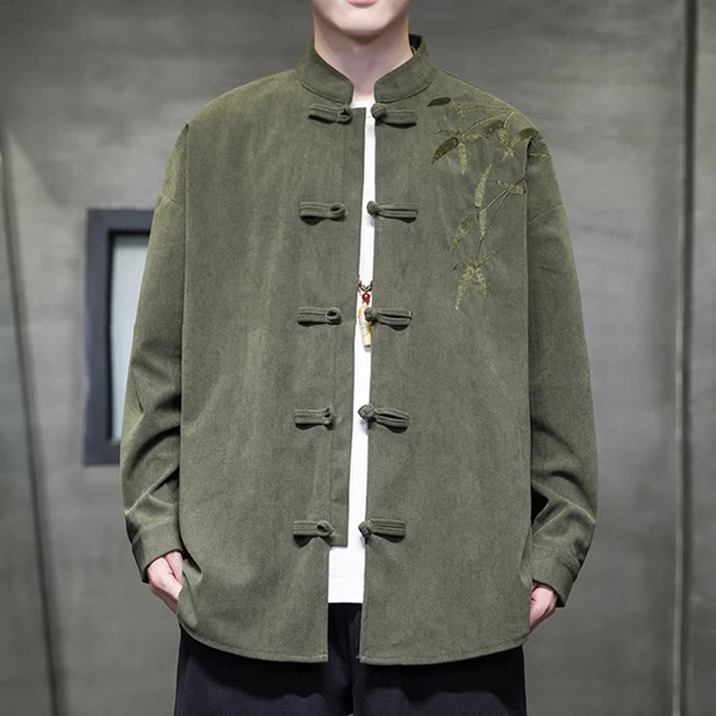 Veste en velours côtelé de coton à manches longues pour homme, brodée de motifs de Buddha Stones et de bambou, avec boutons brandebourg. - Vert olive - US/UK/AU48，EU58(5XL) - image 0