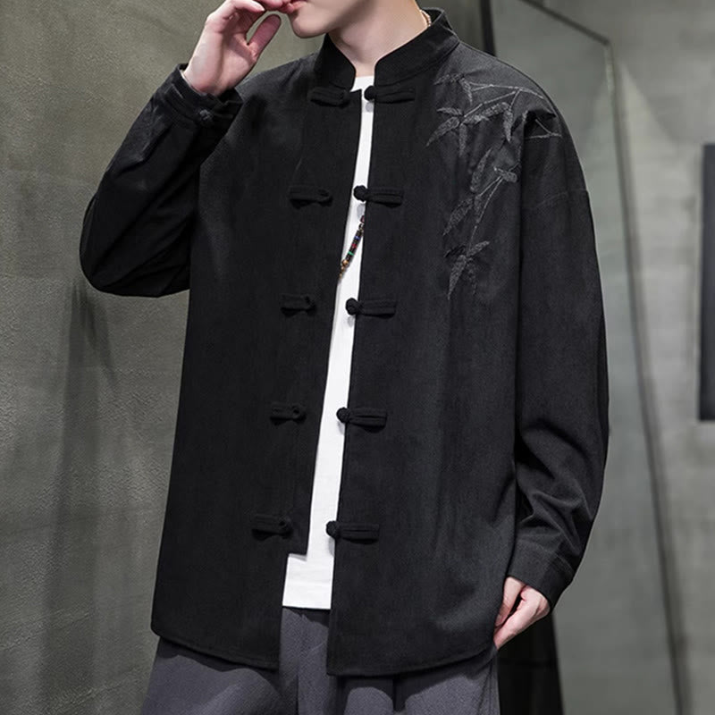 Veste en velours côtelé de coton à manches longues pour homme, brodée de motifs de Buddha Stones et de bambou, avec boutons brandebourg. - image 36