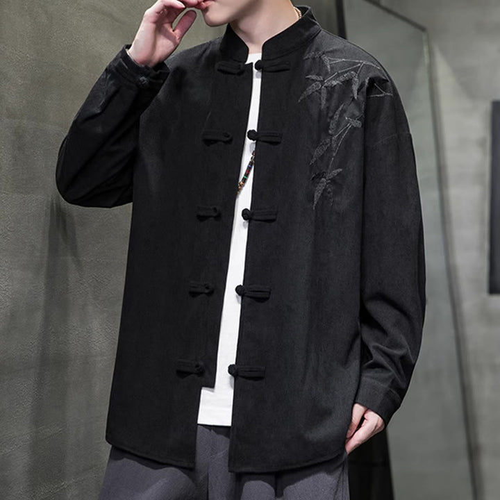 Veste en velours côtelé de coton à manches longues pour homme, brodée de motifs de Buddha Stones et de bambou, avec boutons brandebourg. - image 36