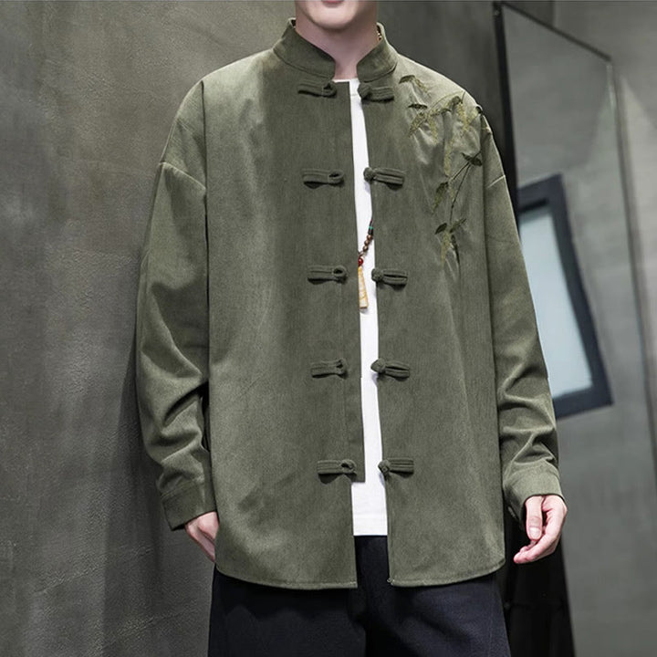 Veste en velours côtelé de coton à manches longues pour homme, brodée de motifs de Buddha Stones et de bambou, avec boutons brandebourg. - image 4