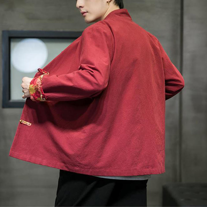 Veste en coton à manches longues pour homme, imprimée de Buddha Stones, à motif dragon et boutons grenouille, avec imprimé de couleurs contrastées - image 6