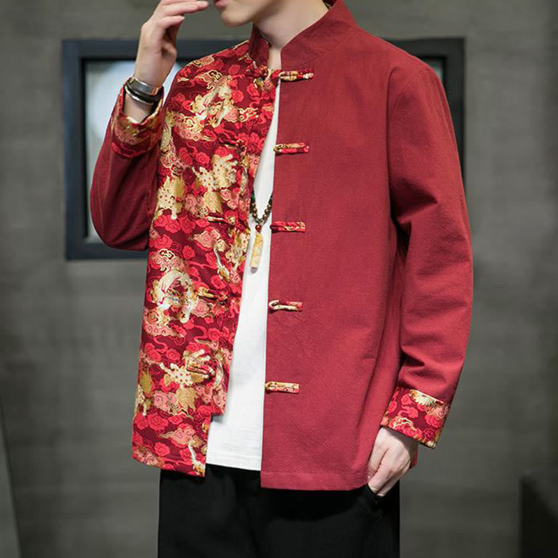 Veste en coton à manches longues pour homme, imprimée de Buddha Stones, à motif dragon et boutons grenouille, avec imprimé de couleurs contrastées - image 4