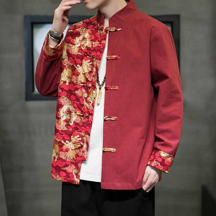 Veste en coton à manches longues pour homme, imprimée de Buddha Stones, à motif dragon et boutons grenouille, avec imprimé de couleurs contrastées - image 4