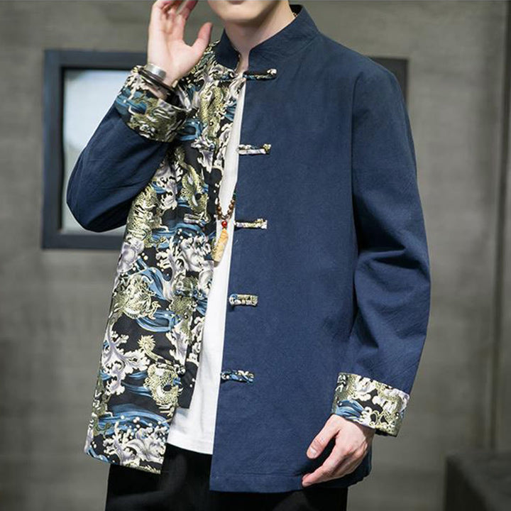 Veste en coton à manches longues pour homme, imprimée de Buddha Stones, à motif dragon et boutons grenouille, avec imprimé de couleurs contrastées - image 24