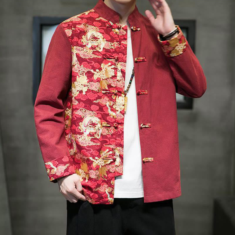 Veste en coton à manches longues pour homme, imprimée de Buddha Stones, à motif dragon et boutons grenouille, avec imprimé de couleurs contrastées - image 5