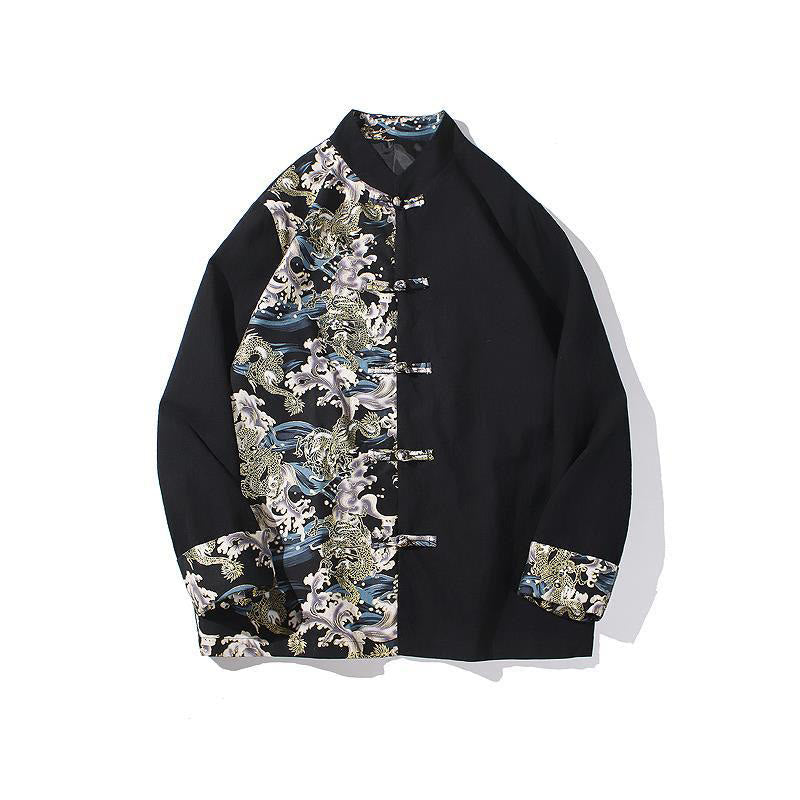 Veste en coton à manches longues pour homme, imprimée de Buddha Stones, à motif dragon et boutons grenouille, avec imprimé de couleurs contrastées - image 20