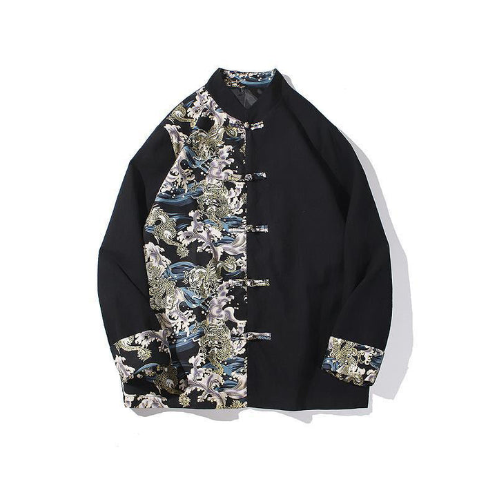 Veste en coton à manches longues pour homme, imprimée de Buddha Stones, à motif dragon et boutons grenouille, avec imprimé de couleurs contrastées - image 20