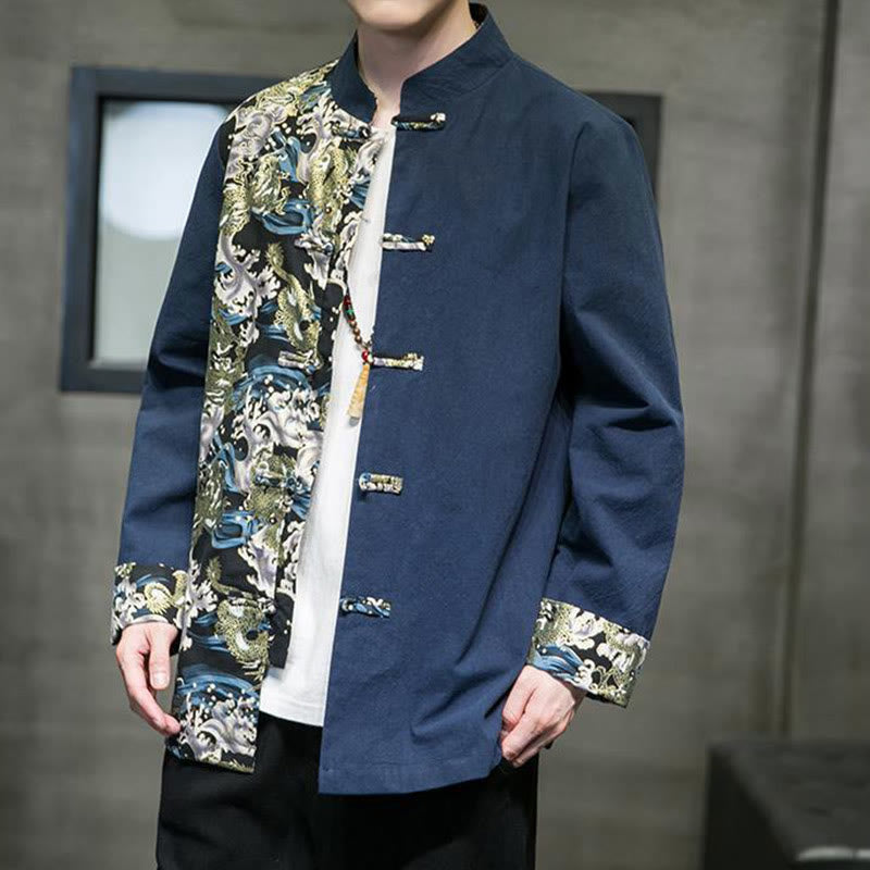 Veste en coton à manches longues pour homme, imprimée de Buddha Stones, à motif dragon et boutons grenouille, avec imprimé de couleurs contrastées - image 22