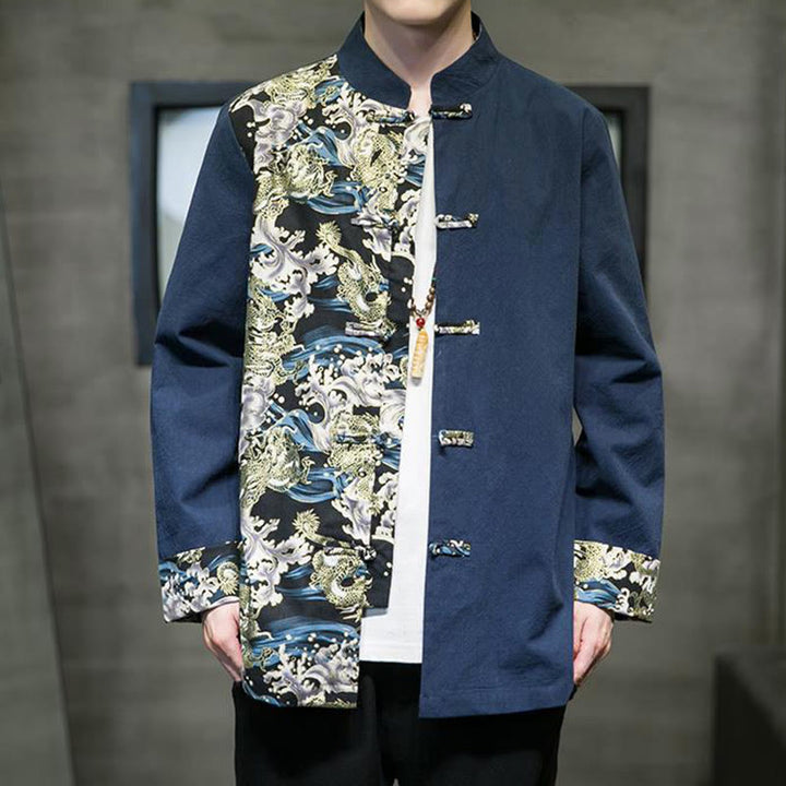 Veste en coton à manches longues pour homme, imprimée de Buddha Stones, à motif dragon et boutons grenouille, avec imprimé de couleurs contrastées - image 23