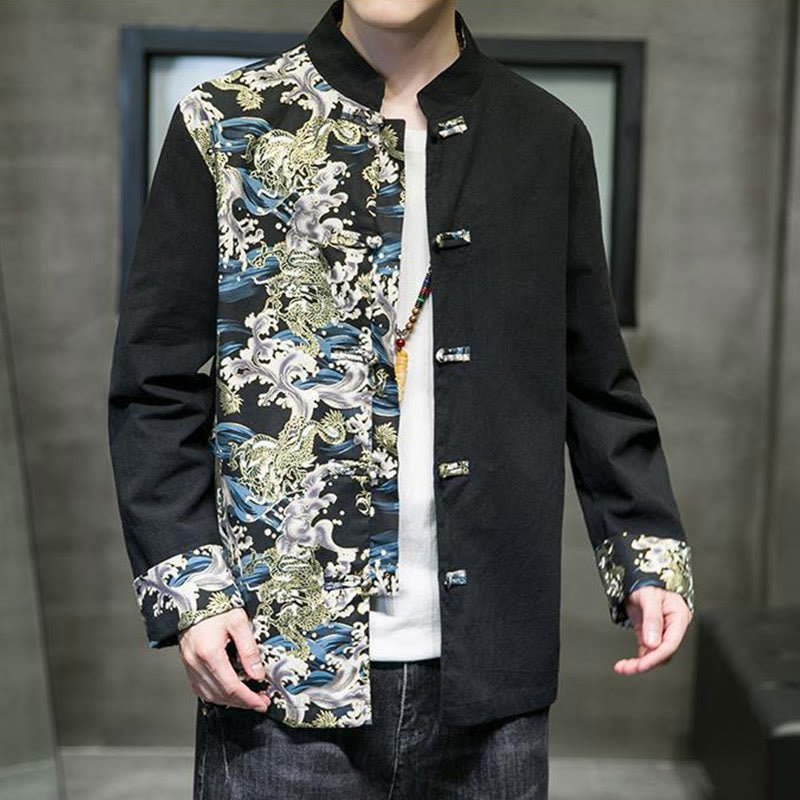 Veste en coton à manches longues pour homme, imprimée de Buddha Stones, à motif dragon et boutons grenouille, avec imprimé de couleurs contrastées - image 13