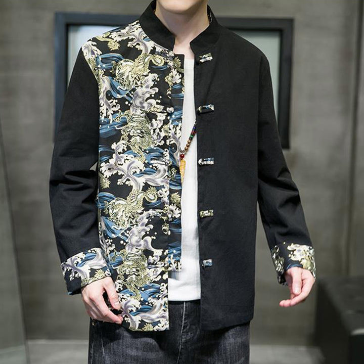 Veste en coton à manches longues pour homme, imprimée de Buddha Stones, à motif dragon et boutons grenouille, avec imprimé de couleurs contrastées - image 13