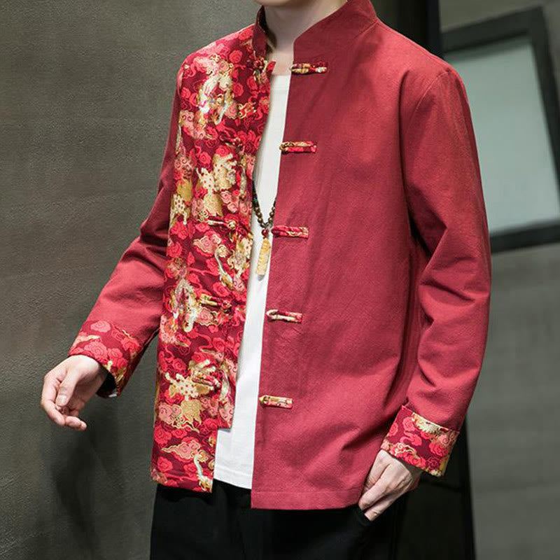 Veste en coton à manches longues pour homme, imprimée de Buddha Stones, à motif dragon et boutons grenouille, avec imprimé de couleurs contrastées - image 1