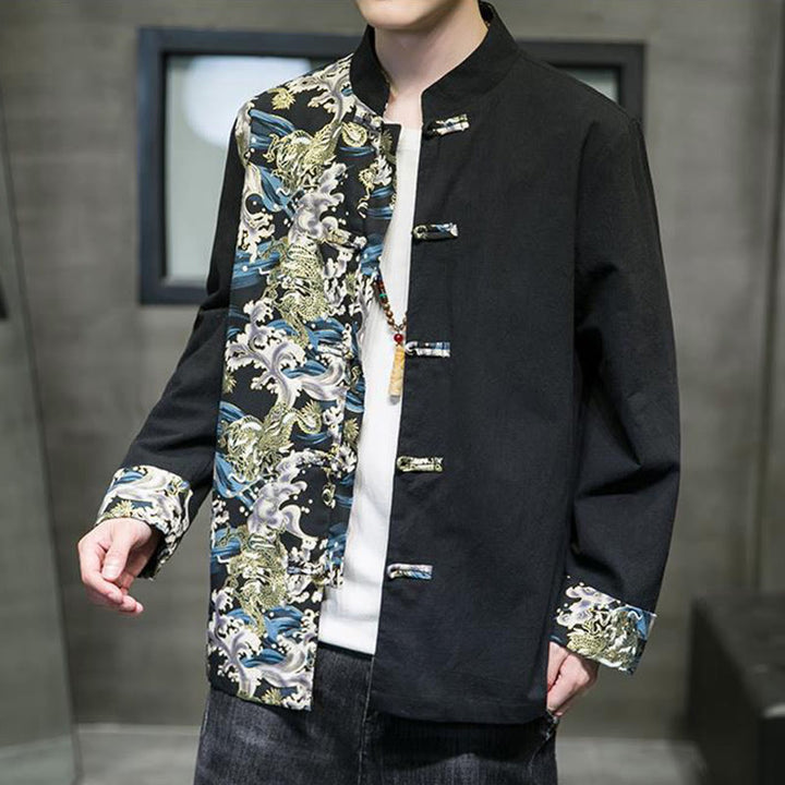 Veste en coton à manches longues pour homme, imprimée de Buddha Stones, à motif dragon et boutons grenouille, avec imprimé de couleurs contrastées - image 12