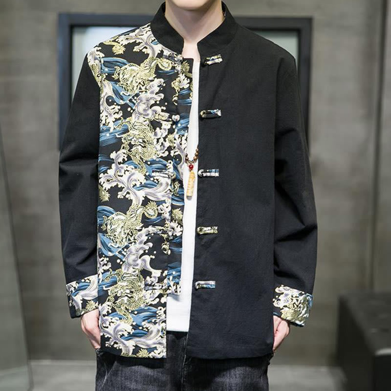 Veste en coton à manches longues pour homme, imprimée de Buddha Stones, à motif dragon et boutons grenouille, avec imprimé de couleurs contrastées - image 11