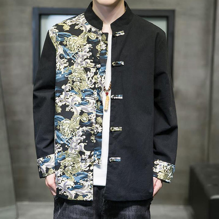 Veste en coton à manches longues pour homme, imprimée de Buddha Stones, à motif dragon et boutons grenouille, avec imprimé de couleurs contrastées - image 11