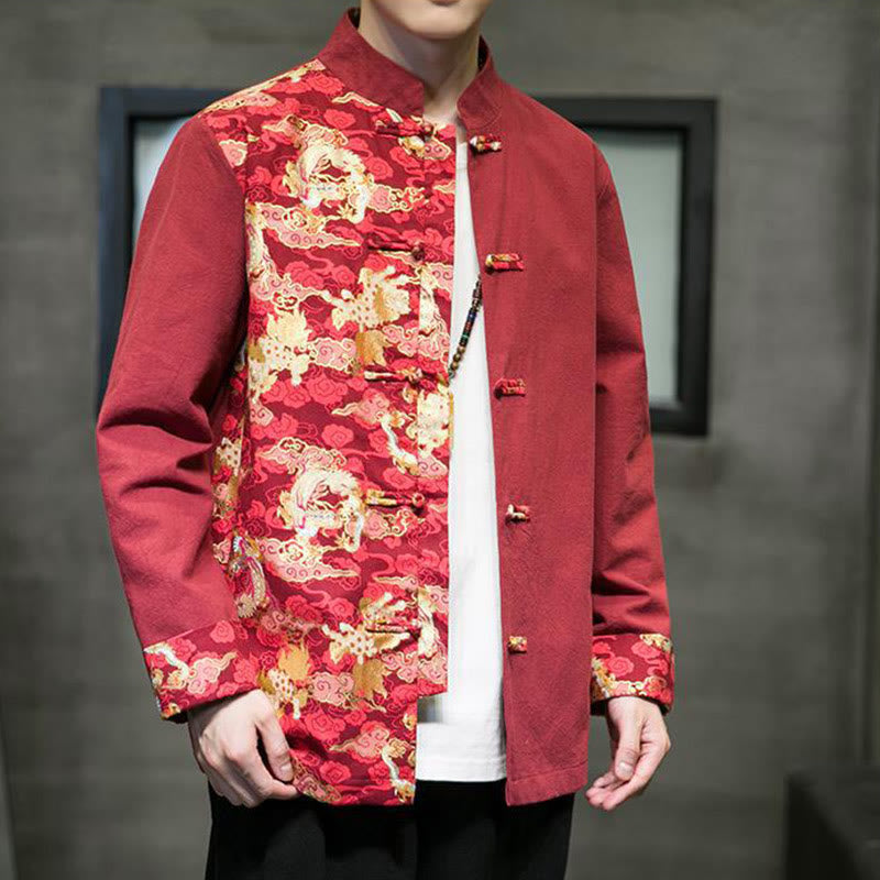 Veste en coton à manches longues pour homme, imprimée de Buddha Stones, à motif dragon et boutons grenouille, avec imprimé de couleurs contrastées - image 3