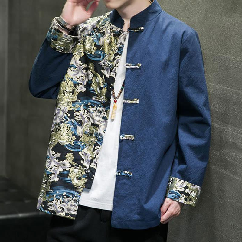 Veste en coton à manches longues pour homme, imprimée de Buddha Stones, à motif dragon et boutons grenouille, avec imprimé de couleurs contrastées - image 26