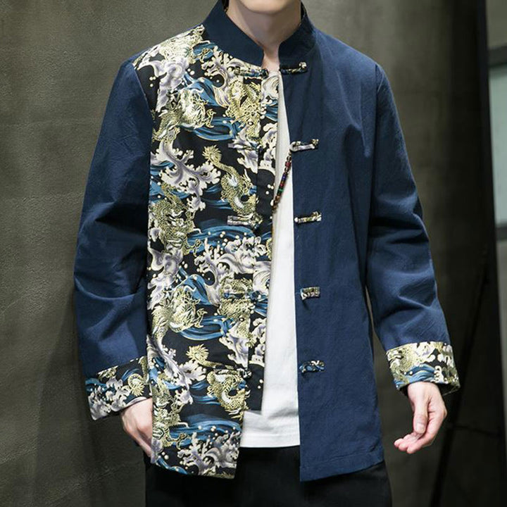 Veste en coton à manches longues pour homme, imprimée de Buddha Stones, à motif dragon et boutons grenouille, avec imprimé de couleurs contrastées - image 27