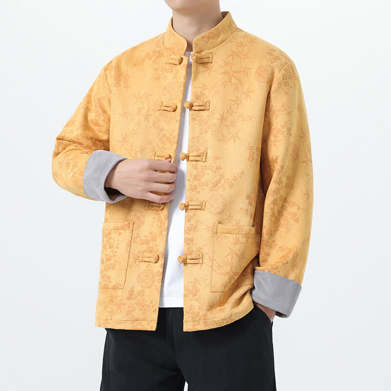 Veste en coton à manches longues et poches pour homme, motif jacquard de bambou Buddha Stones Fall, avec boutons grenouille. - Or - US/UK/AU46，EU56 (5XL) - image 1