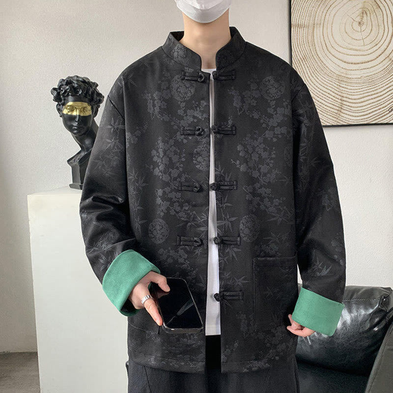 Veste en coton à manches longues et poches pour homme, motif jacquard de bambou Buddha Stones Fall, avec boutons grenouille. - image 6