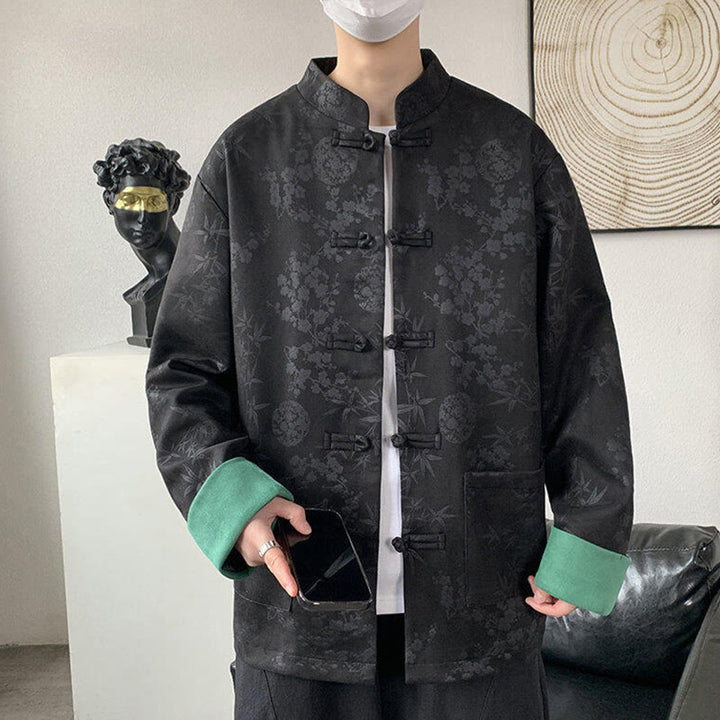 Veste en coton à manches longues et poches pour homme, motif jacquard de bambou Buddha Stones Fall, avec boutons grenouille. - image 6