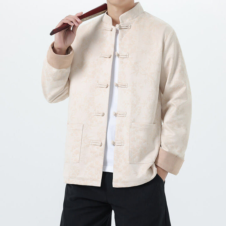 Veste en coton à manches longues et poches pour homme, motif jacquard de bambou Buddha Stones Fall, avec boutons grenouille. - OldLace - US/UK/AU46，EU56 (5XL) - image 18