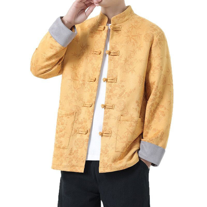 Veste en coton à manches longues et poches pour homme, motif jacquard de bambou Buddha Stones Fall, avec boutons grenouille. - image 4