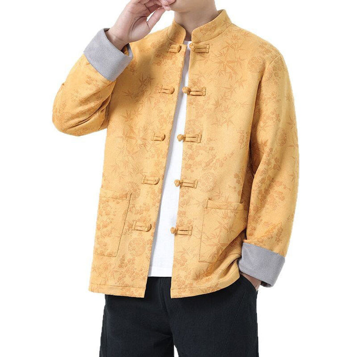 Veste en coton à manches longues et poches pour homme, motif jacquard de bambou Buddha Stones Fall, avec boutons grenouille. - image 4