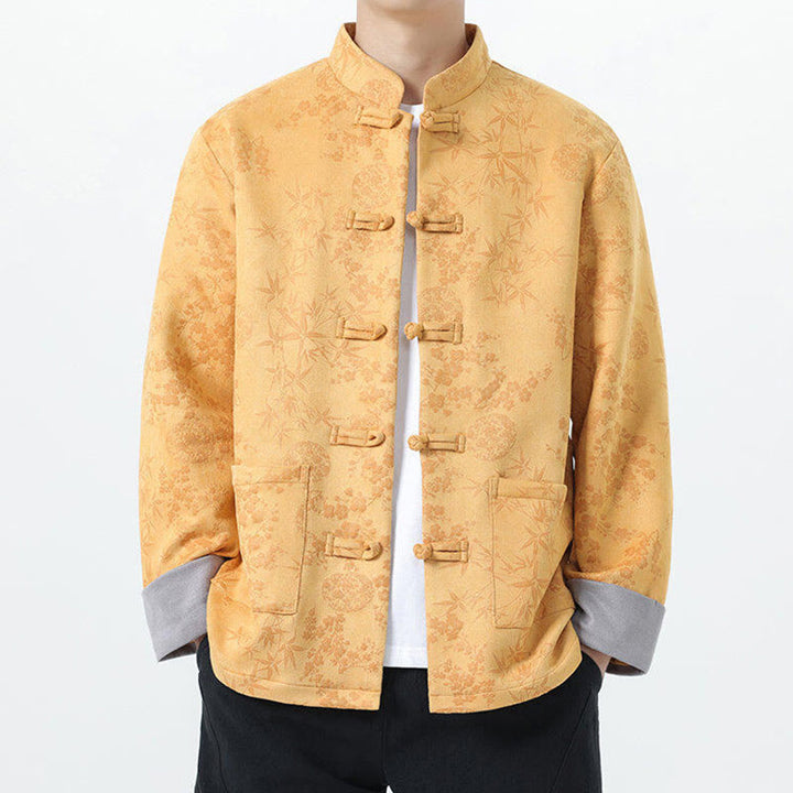 Veste en coton à manches longues et poches pour homme, motif jacquard de bambou Buddha Stones Fall, avec boutons grenouille. - image 0