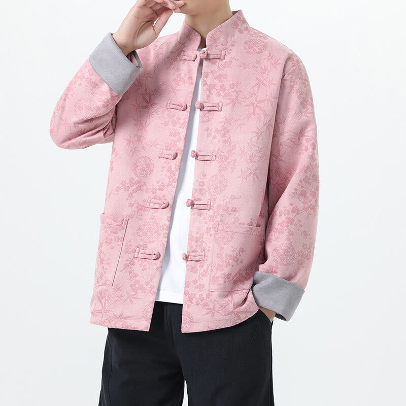 Veste en coton à manches longues et poches pour homme, motif jacquard de bambou Buddha Stones Fall, avec boutons grenouille. - Rose - US/UK/AU46，EU56 (5XL) - image 9