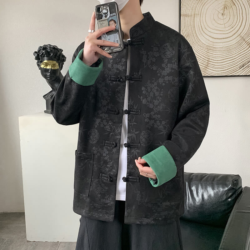 Veste en coton à manches longues et poches pour homme, motif jacquard de bambou Buddha Stones Fall, avec boutons grenouille. - Noir - US/UK/AU46，EU56 (5XL) - image 5