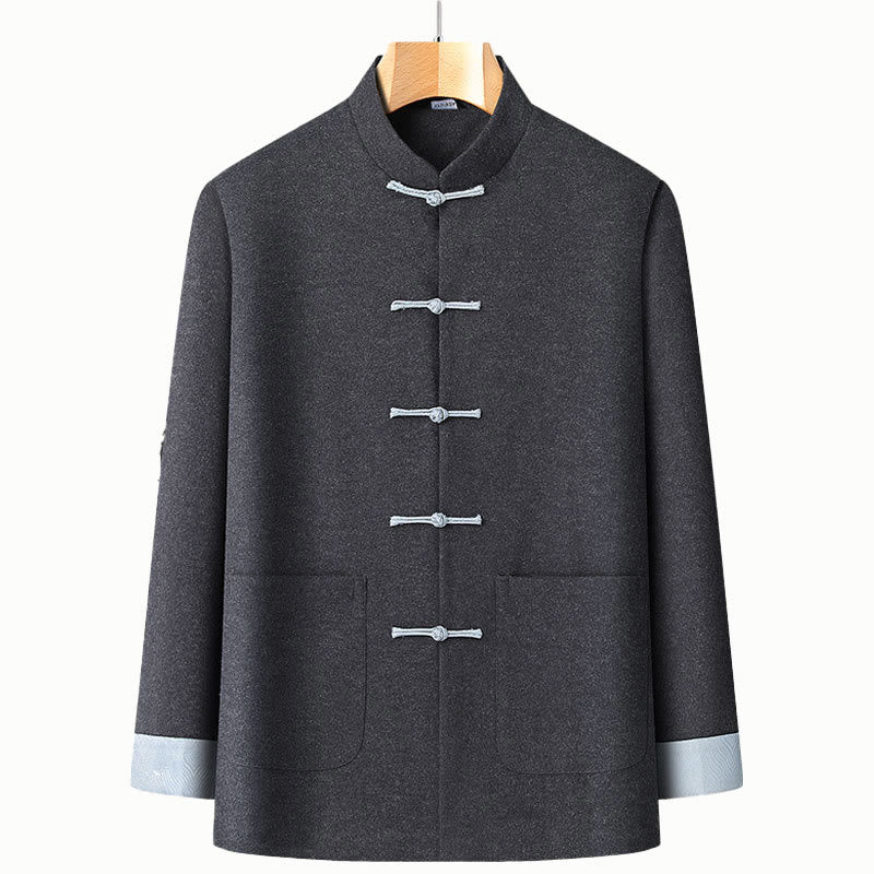 Veste de costume homme Buddha Stones automne couleur unie, manches longues, en coton Tang, avec poches - Gris terne - US/UK/AU42，EU52 (3XL) - image 0