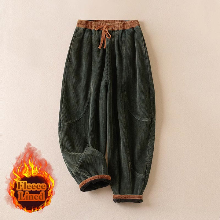 Pantalon sarouel en velours côtelé de coton contrasté Buddha Stones pour femme, doublé polaire thermique avec poches - image 2
