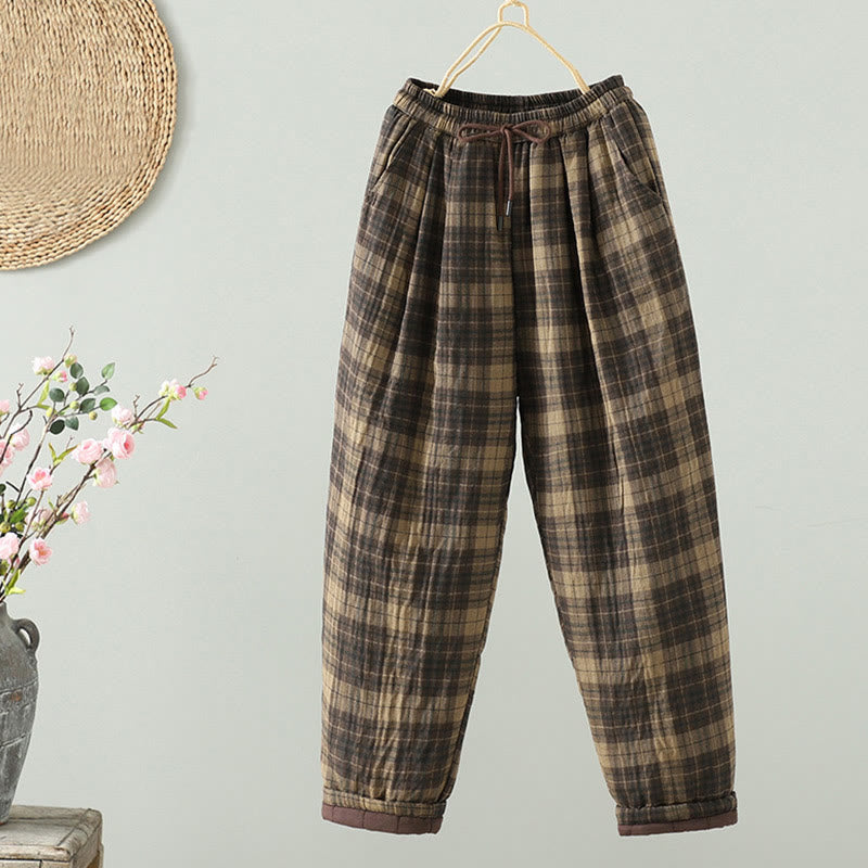 Pantalon thermique harem pour femme, rembourré en coton, à motif à carreaux multicolores Buddha Stones, avec poches - Jaune d'or pâle - US8-10，UK/AU12-14，EU40-42 (2XL) - image 0