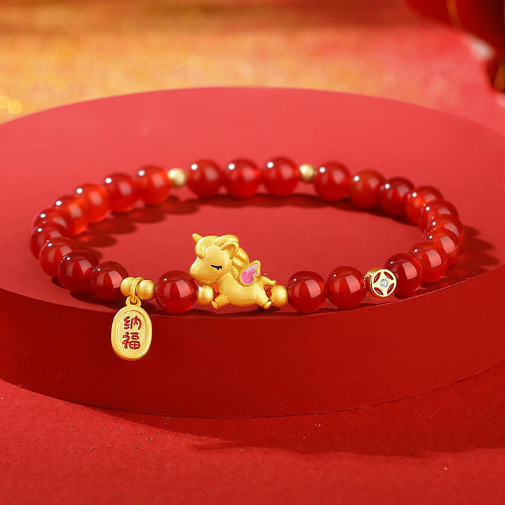 Bracelet en argent sterling 925 et agate rouge Buddha Stones , année du Cheval, porte-bonheur et symbole de confiance. - Agate rouge (Tour de poignet : 15-17 cm) - image 0