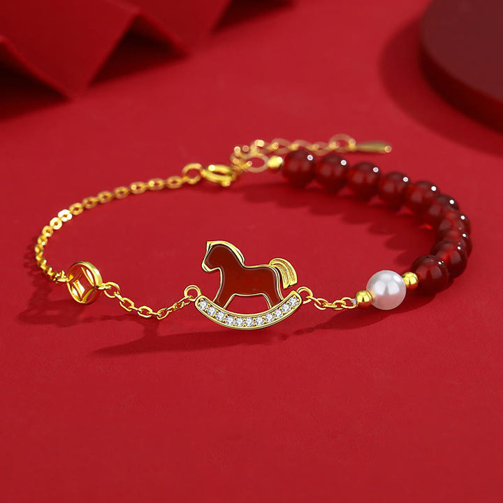 Boucles d'oreilles en argent sterling 925 Buddha Stones, motif Année du Cheval, agate rouge, symbole de confiance - Bracelet cheval en agate rouge - image 7