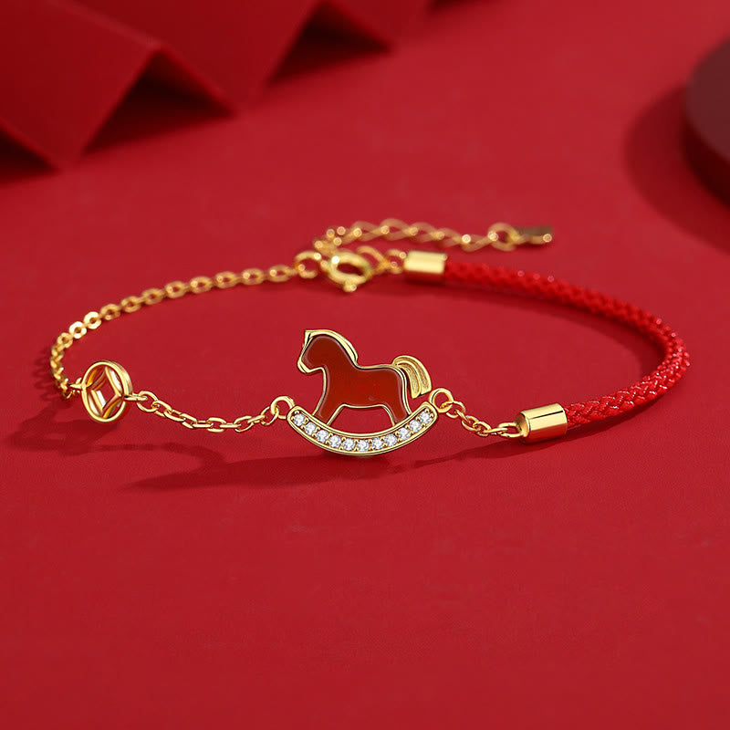 Boucles d'oreilles en argent sterling 925 Buddha Stones, motif Année du Cheval, agate rouge, symbole de confiance - Bracelet cheval à ficelle rouge - image 12