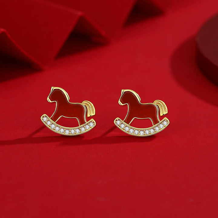 Boucles d'oreilles en argent sterling 925 Buddha Stones, motif Année du Cheval, agate rouge, symbole de confiance - Boucles d'oreilles cheval - image 0