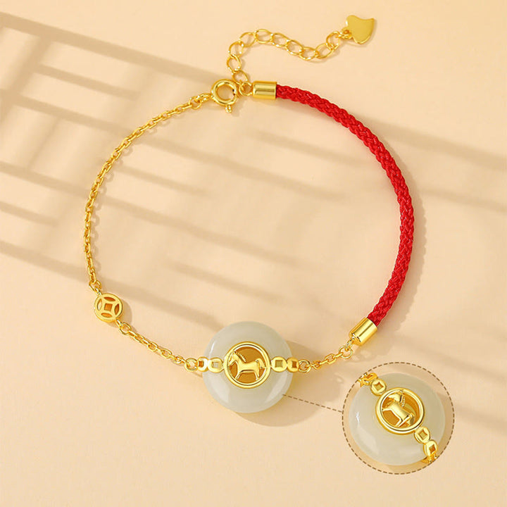 Bracelet en argent sterling 925 avec boucle de paix en jade Hetian et Buddha Stones , année du Cheval, cordon rouge - image 2