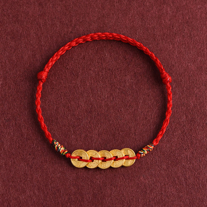 Bracelet de cheville de protection en corde tressée avec cinq pièces de cuivre et Buddha Stones - Cheville rouge - image 1