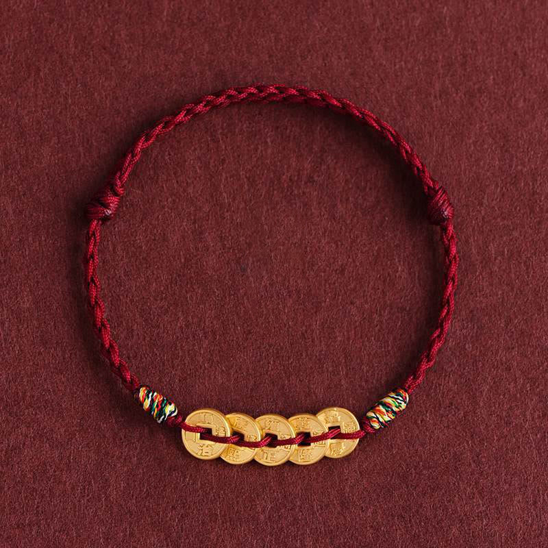 Bracelet de cheville de protection en corde tressée avec cinq pièces de cuivre et Buddha Stones - Cheville rouge foncé - image 11