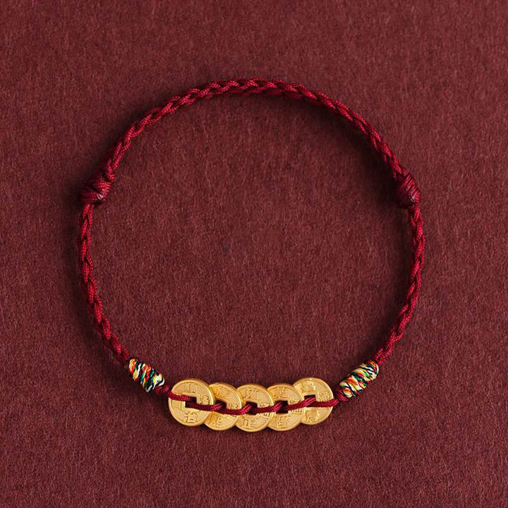 Bracelet de cheville de protection en corde tressée avec cinq pièces de cuivre et Buddha Stones - Cheville rouge foncé - image 11