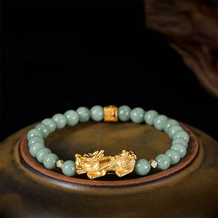 Bracelet de perles de jade porte-bonheur et prospérité avec breloque Pi Xiu dorée en Buddha Stones - Jade 6 mm (Tour de poignet : 14-16 cm) - image 9