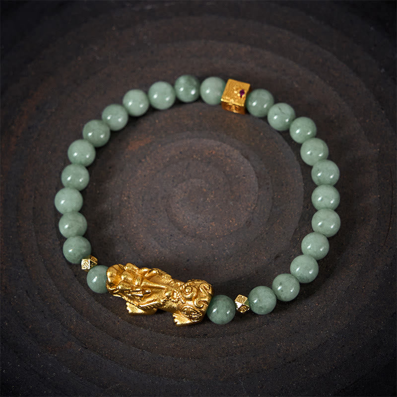 Bracelet de perles de jade porte-bonheur et prospérité avec breloque Pi Xiu dorée en Buddha Stones - image 11