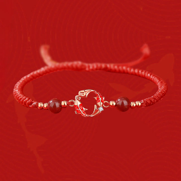 Bracelet en argent sterling 925 plaqué or 18 carats avec motif de carpe koï et cordon rouge cinabre, orné de Buddha Stones. - image 1